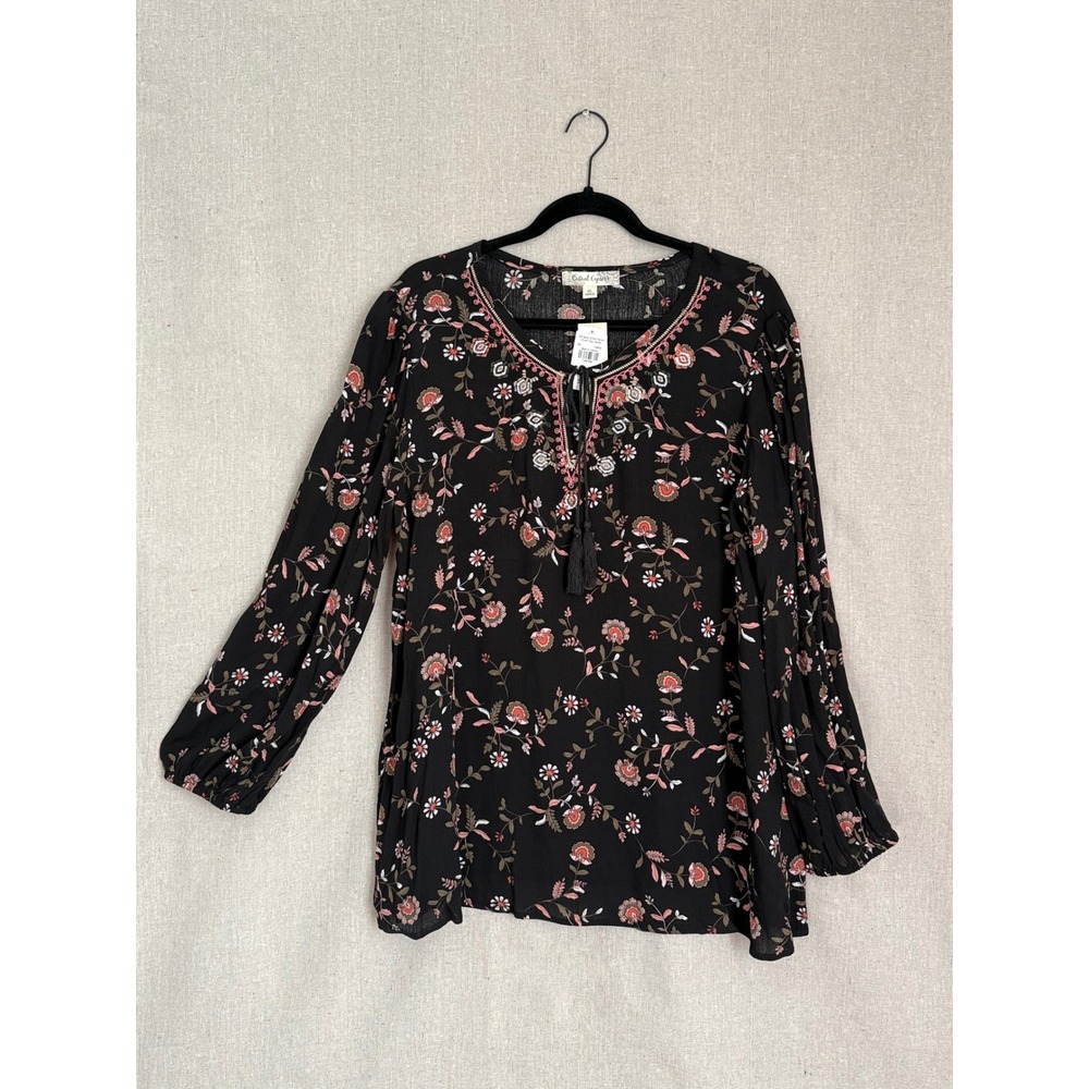 Casual Express Womens XL Black Floral Embroidered Tassel Peasant Blouse Top NWT